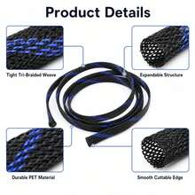 Black & Blue Expandable Braided Cable Sleeving, Flexible Weave Auto Wire Harness Wrap, 3mm-30mm Diameter Cable Protector - A - View 5