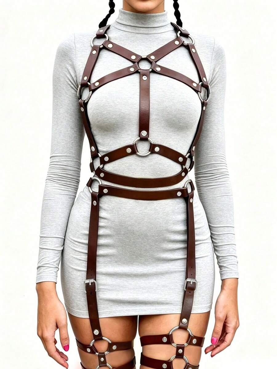 1 Set Sabuk Pengikat Tubuh Seksi Gaya Punk Wanita Warna Merah, Cocok untuk Pesta Klub, Pakaian yang Dipersonalisasi, atau Pesta Karnaval - Coffee Brown - View 1