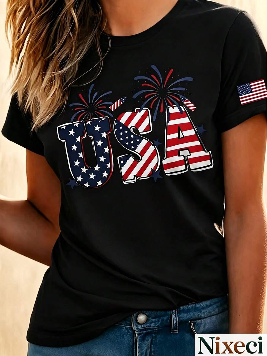 Camiseta estampada del Día de la Independencia, top casual de manga corta y cuello redondo, top casual de manga corta para el verano, adecuado para mujeres, top de tela de punto de longitud - Negro - Ver 1