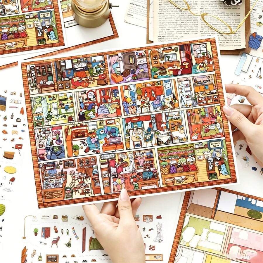 4pcs Cute Style DIY Small House Stickers, Scene Sticker Collection (3pcs Stickers, 1pc Base Card), Decorative DIY Landscape Stickers, 3D Miniature House Scene Stickers, Scenery Stickers, Scene Stickers, Planner Stickers, Hand-Sorted Small House Scene Stickers, Reusable - A - View 1