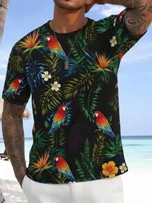 Men's Tropical Plant & Parrot Print Loose Fit Drop Shoulder T-Shirt, Suitable For Summer Beach Vacation - Multicolor - View 2