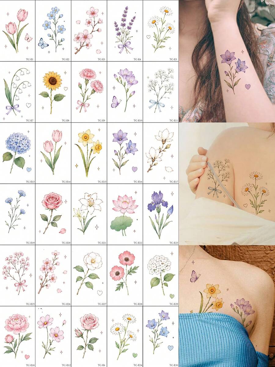 30片可愛水彩花卉小臨時紋身貼紙,鬱金香、玫瑰、雛菊、薰衣草、百合及其他假紋身貼紙,防水耐用植物身體藝術紋身,適合女性和女孩,可用於全身 - 彩色 - 查看 1