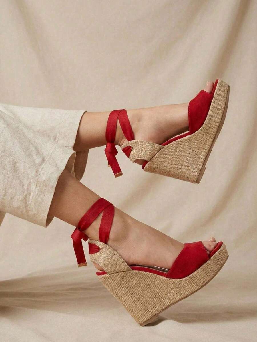 Women's Platform Sandals, Jute Wedge, Espadrille Wedge, High Espadrilles, Tie Straps, Wedge Heel, Comfortable, Casual, Boho, Summer, Women's Fashion - 杏色 - 查看 1