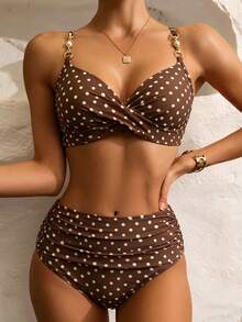 Retro Brown Polka Dot High-Waisted Bikini, Twist Front Gathered Swimwear With Pearl Shoulder Straps, Suitable For Beach, Pool And Summer Vacation - Brown - View 1