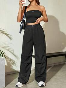 Conjunto de dos piezas informal holgado para mujer compuesto por top tubo con estampado de letras y pantalones plisados para verano - Rojo - Ver 2