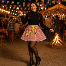 Women's Checkered Skirt For June Festival With Lace, 40cm, One Size, Countryside Look - Red - View 3