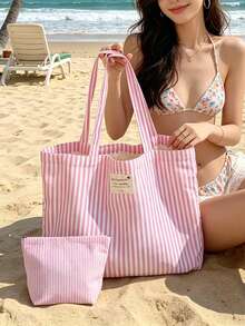 Vintage Striped Canvas Tote Bag Women Large Capacity Red & White Striped Shoulder Bag Aesthetic Reusable Shopping Bag Casual Everyday Handbag Spacious Interior Lightweight Travel Work School Beach Grocery Shopping Weekend Outing Open Design Easy To Use Washable Tote Bag Women Mom Girl Perfect Gift Summer Holiday Back To School Birthday Christmas - Multicolor - View 2