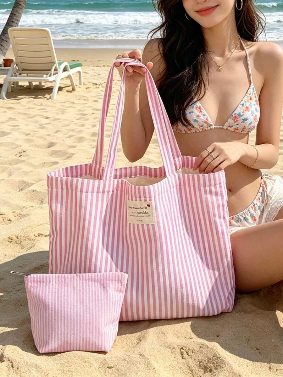 Vintage Striped Canvas Tote Bag Women Large Capacity Red & White Striped Shoulder Bag Aesthetic Reusable Shopping Bag Casual Everyday Handbag Spacious Interior Lightweight Travel Work School Beach Grocery Shopping Weekend Outing Open Design Easy To Use Washable Tote Bag Women Mom Girl Perfect Gift Summer Holiday Back To School Birthday Christmas