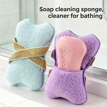 1 pezzo Spugna da bagno italiana per la pulizia profonda con sacchetto per sapone e cinturino per la mano, adatta per uomini e donne, può essere utilizzata nella doccia o nella vasca da bagno, 2 pezzi/set Sacchetto da bagno schiumoso a doppia faccia, sacchetto per sapone da bagno, set di spugna da bagno esfoliante 2 in 1, spazzola da bagno con cinturino per la mano, cura della pelle quotidiana - celeste - Visualizzare 1