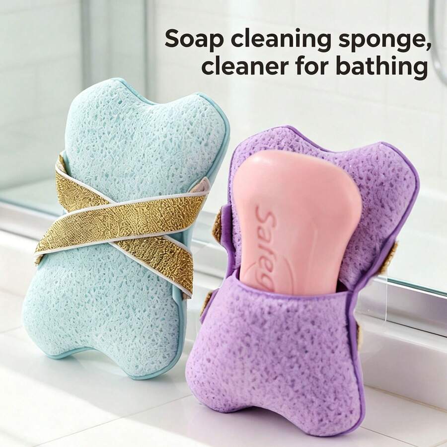 1 pezzo Spugna da bagno italiana per la pulizia profonda con sacchetto per sapone e cinturino per la mano, adatta per uomini e donne, può essere utilizzata nella doccia o nella vasca da bagno, 2 pezzi/set Sacchetto da bagno schiumoso a doppia faccia, sacchetto per sapone da bagno, set di spugna da bagno esfoliante 2 in 1, spazzola da bagno con cinturino per la mano, cura della pelle quotidiana - celeste - Visualizzare 1