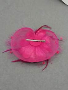 Bando Jepit Rambut Berhiaskan Bunga, Jala, dan Pita, Aksesori Kepala untuk Pesta Teh untuk Anak Perempuan dan Wanita - Hot Pink - View 3