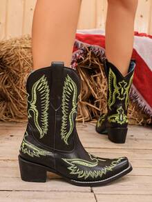 Women's Western Style Embroidered Mid-Calf Boots, Holiday Gift For Girlfriend - Black - View 3