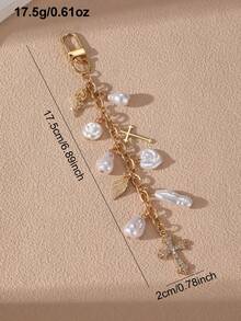 1pc Fashionable Elegant White Asymmetrical Pearl Cross Heart Flower Pendant Charm, Suitable For Daily Decoration Of Bags And Car Keychains - White - View 7