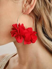 Nocturel 1pair Fashionable Charm Floral Hoop Earrings, Ideal For Women To Wear In Vacation, Parties And Social Gatherings - Red - View 1