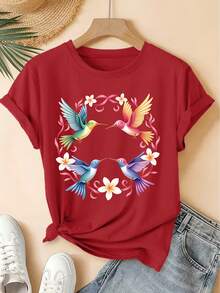 2026 Spring/Summer New Women's Round Neck Four-Color Hummingbird Floral Print Short Sleeve T-Shirt, Vintage Distressed Casual Top, Soft Knit Fabric Hi - Hot Pink - View 2