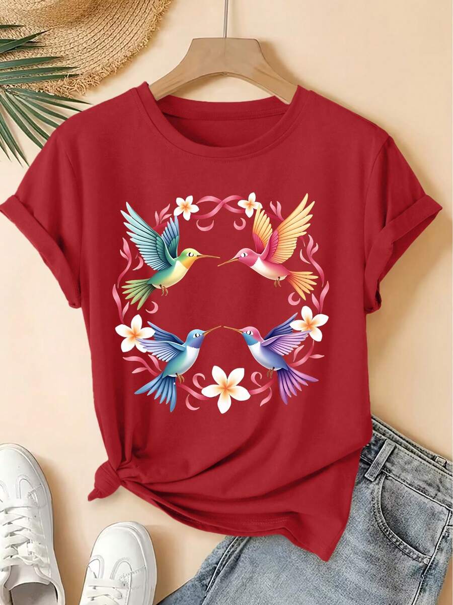 2026 Spring/Summer New Women's Round Neck Four-Color Hummingbird Floral Print Short Sleeve T-Shirt, Vintage Distressed Casual Top, Soft Knit Fabric Hi