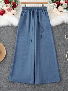 Fashion Plus Size Woven Denim Effect Wide Leg Pants With Drawstring And Pockets, Non-Stretch Long Pants, Vintage Style - Blue - View 3