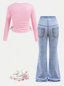 Tween Girl Butterfly Print Round Neck T-Shirt And Digital Print Pants Set - Pink - View 3