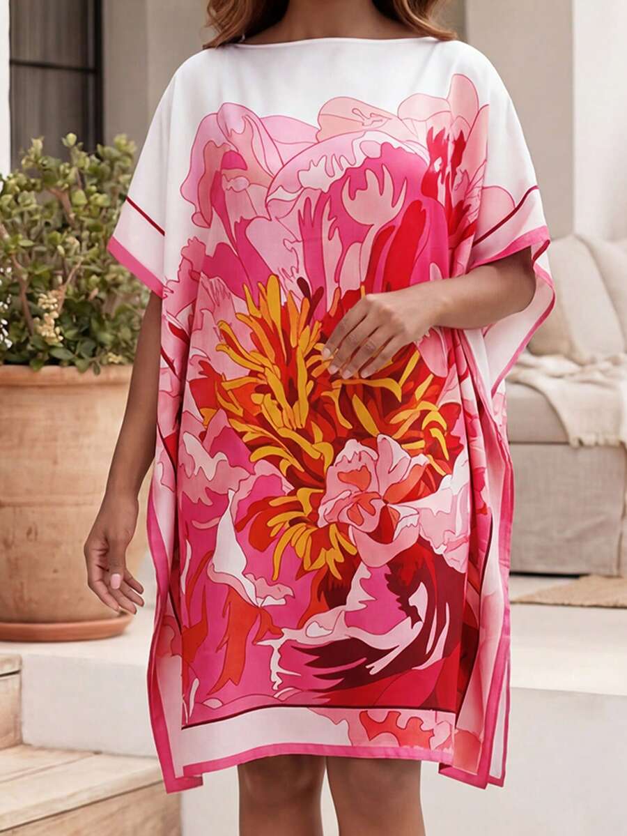 1件仿絲優雅花卉印花套頭披肩，輕便時尚百搭防曬外套，緞面寬鬆版型沙灘披肩，適合日常裝飾搭配 - 玫紅色 - 查看 1