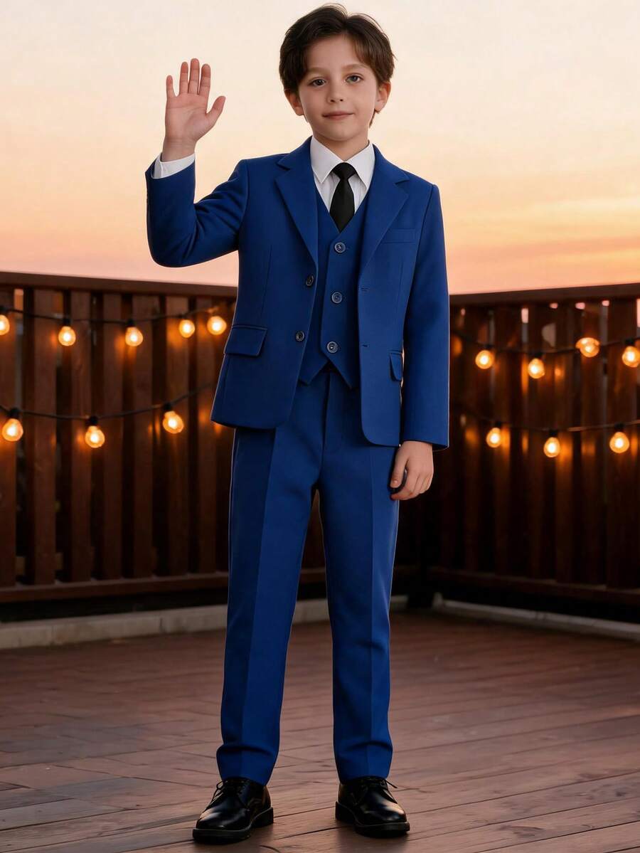 5件套男童西装套装，幼儿燕尾服正装，花童礼服，婚礼西装外套、马甲、裤子、衬衫、领带，儿童正装，皇家蓝，尺码4-16 - 寶藍色 - 查看 1