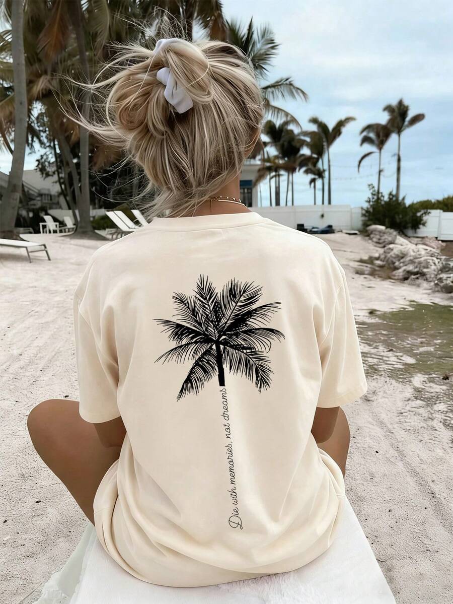 Top Casual Feminina de Verão com Estampa Gráfica de Palmeira e Frase, Modelagem Solta, Gola Redonda e Manga Curta para Férias - Damasco - Visão 1