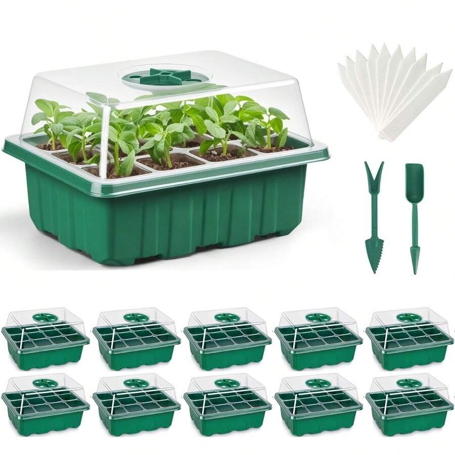 10 paquetes/5 paquetes Set de iniciación de bandejas de semillas con cúpula humiditaria (120 celdas en total) Set inicial de macetas y kit base mini invernadero Germination para cultivar semillas - Multicolor - Ver 1