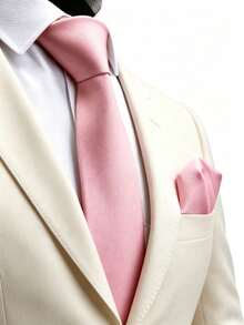 1pc Men's 8cm Gold Ribbed Tie And Pocket Square Set, Wedding Party Groom Tie Set - Pink - View 1