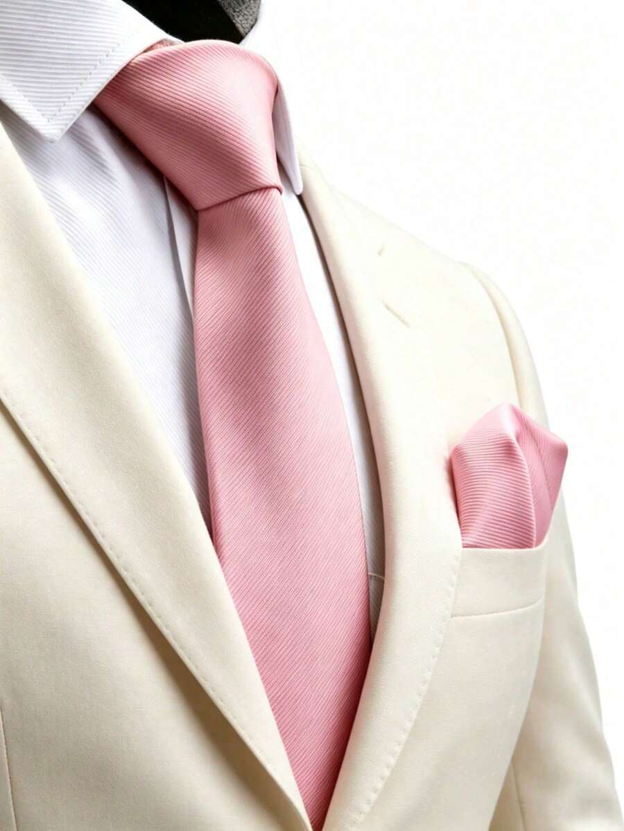 1pc Men's 8cm Gold Ribbed Tie And Pocket Square Set, Wedding Party Groom Tie Set - Pink - View 1