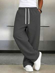 1 Pair Men's Loose Fit Casual Sweatpants, Minimalist Solid Color Wide Leg Design, Drawstring Waist, Large Pockets, Suitable For Daily Wear, Walking, Work, Outings, Great Father's Day Gift For Dad - Dark Grey - View 6