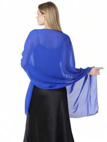 Women's Soft Solid Color Sheer Shawl Prom Party Dress Accessory Chiffon Wrap - Blue - View 4
