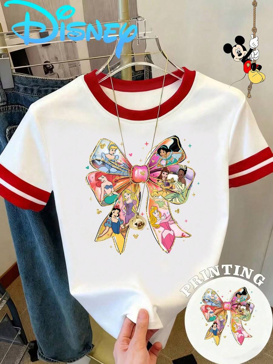 Disney Cars Lightning McQueen No.95 Checker Letter Print Ringer Tee, Casual Women Top - 白色 - 查看 1
