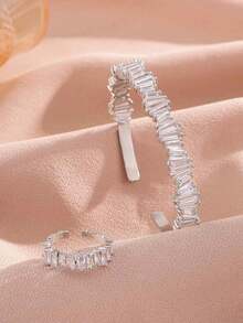 rakol 2pcs Fashion Cubic Zirconia Asymmetrical Square Decor Silver Open Ring & Bracelet Set - Silver - View 5