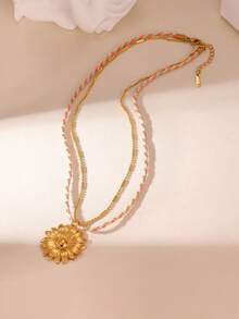 Collier vintage en métal avec fleur tressée, collier pendentif en acier inoxydable de style vacances à la plage personnalisé, accessoires pour femmes - Multicolore - Voir 13