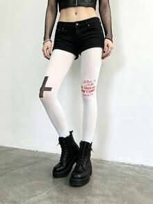 1 Pair Women's Cross & Letter Print Pantyhose, Perfect For Punk & Gothic Style - Multicolor - View 3
