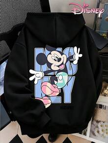 Disney Women's Hooded Sweatshirt, Unisex Sweatshirt, Color-Blocked Mickey Mouse Waving Sweatshirt With Large Lettering. - 黑色 - 查看 2