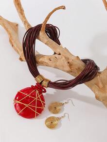 Bohemian Resin Pendant Multi-Strand Wax Cord Necklace And Earrings Set, Wedding And Daily Wear Jewelry - Red - View 4
