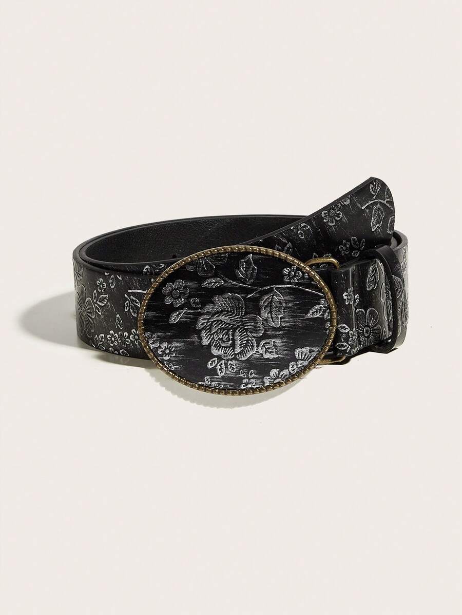1pc Women's Vintage Round Buckle Black & Grey Belt Suitable For Daily Use - Multicolor - View 1