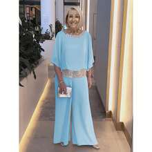 Elegant Sequin Spliced Chiffon Set, Plus Size Crew Neck Batwing Sleeve Spring Summer Formal Suit - Sky Blue - View 2