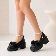 Geeyea Women's High-Heeled Flats, Thick Heel,Round Toe,With Pearl Ankle Strap And Bow Embellishment,Made Of PU Material,Suitable For Parties And EverydayWear - màu đen - Xem 4