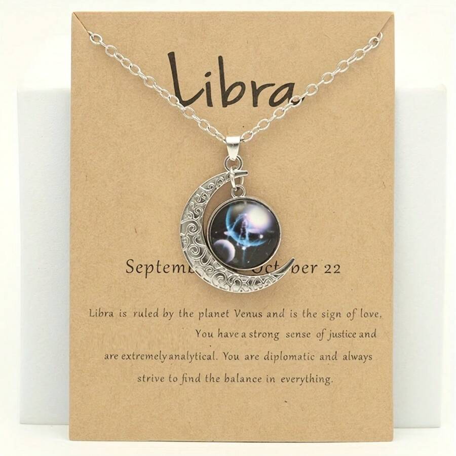 1 Retro Zodiac Moon Pendant Necklace That Glows In The Dark - Vintage Style, Zinc Alloy With Details, Adjustable Chain For Women - Ideal For Everyday Wear And Gifts - 天秤座 - 查看 1