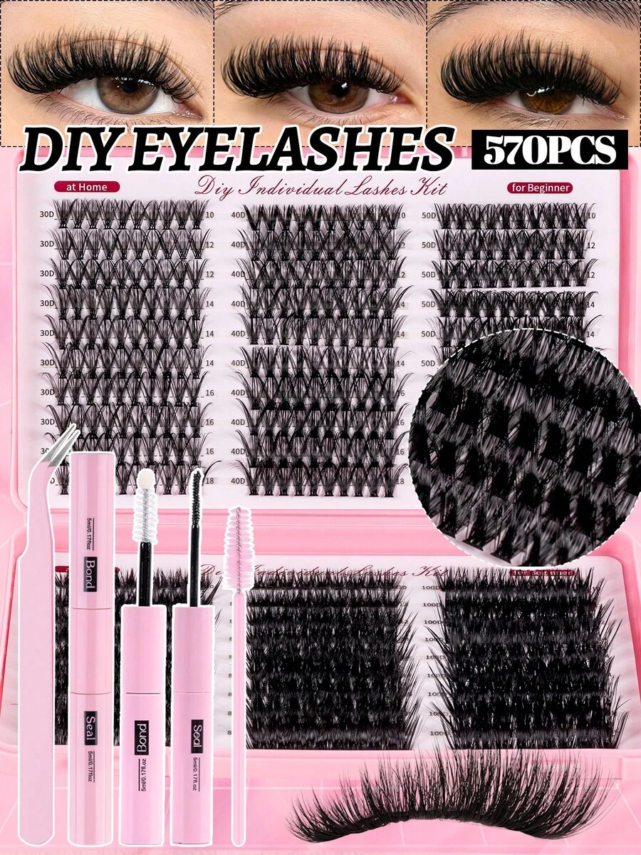MEM 570 D-Roll Clustered Eyelash Book Set, 30D-100D Mixed Curl. Comes With Glue, Tweezers, And Brushes, Soft, Fluffy, And Thick Segmented Eyelashes. Suitable For Beginners, Daily Wear, And Cosplay Makeup