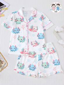4-Season New Tween Girl's Short Pajama Set, Soft Cute Hexagonal Dragon Print, Lapel Button-Down Home Sleepwear Outfit, Summer Flame-Retardant New Short Sleeve Shorts Set, Cute Hexagonal Dragon Paired With Shell And Starfish Print, Soft Fabric, Comfortable And Breathable, Summer Holiday Party Set, Short Sleeve Shirt Lapel Button-Up Top And Elastic Shorts, Casual 4-Season Home And Outdoor Children's Loungewear - White - View 13