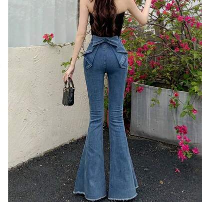 リボン フレアデニム レディース ハイウエスト パンツ 細見え 美脚 ヒップアップ フェミニン ガーリー ジーンズ
