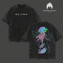 Lightweight Unisex Acid Wash T-Shirt By Lucy X Edgerunners, Runner T-Shirt, Edgerunners, Lucy T-Shirt, Cotton Fabric Top - 黑色 - 查看 1