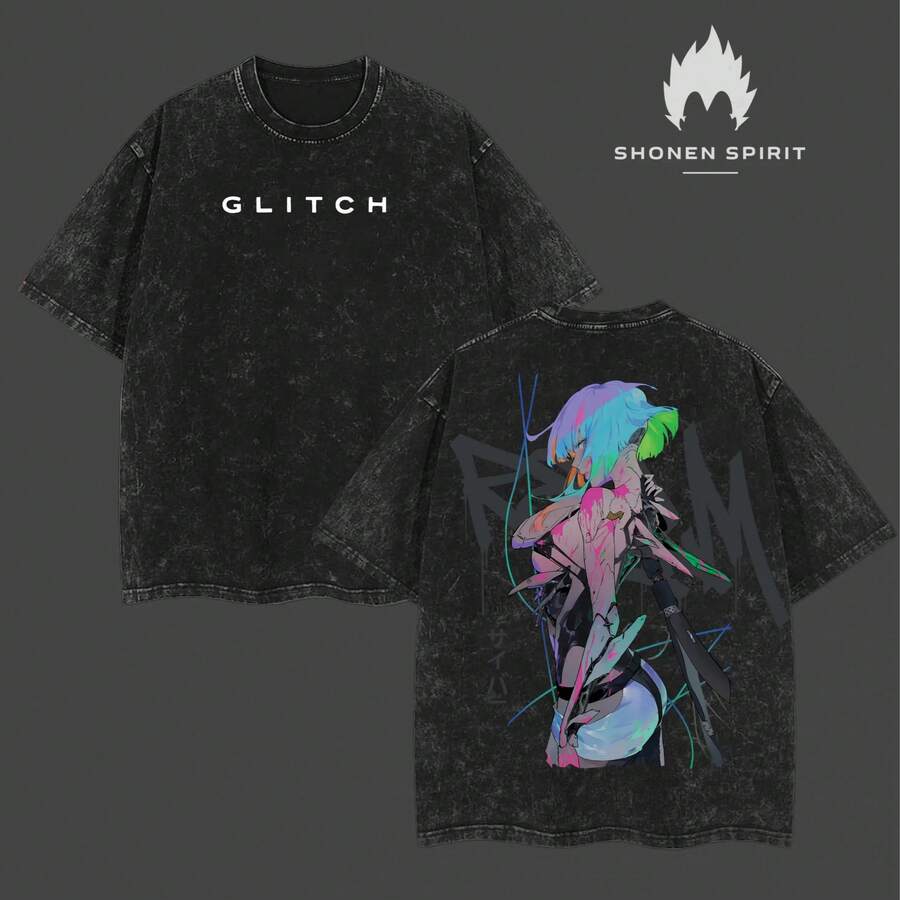 Lightweight Unisex Acid Wash T-Shirt By Lucy X Edgerunners, Runner T-Shirt, Edgerunners, Lucy T-Shirt, Cotton Fabric Top - 黑色 - 查看 1