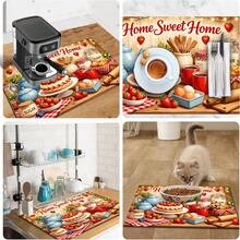 1 pieza Tapete de secado de platos, tapete para máquina de café, tapete absorbente de fibra de poliéster con estampado de tema de horneado acogedor, duradero y altamente absorbente, adecuado para mesa de comedor, cafetería y otros escenarios, el patrón incluye pastel de fresa, juego de té, utensilios de horneado y otros elementos cálidos de cocina, tapete de drenaje multiusos, regalo para el hogar, decoración de mesa - XYLSD-531 - Ver 9