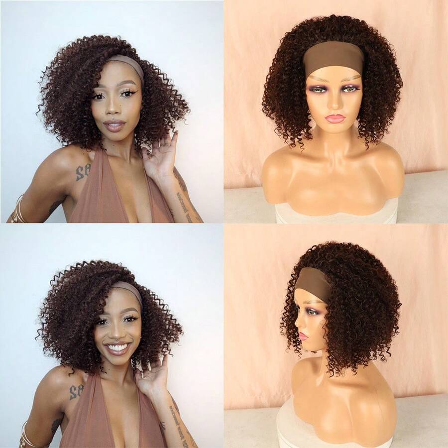 Afro Curly Hair Wig With Hairband, Women's Breathable Wig Design, LINDEZA+WIG CAP 4#/MEDIUM BROWN - 4# - 查看 1