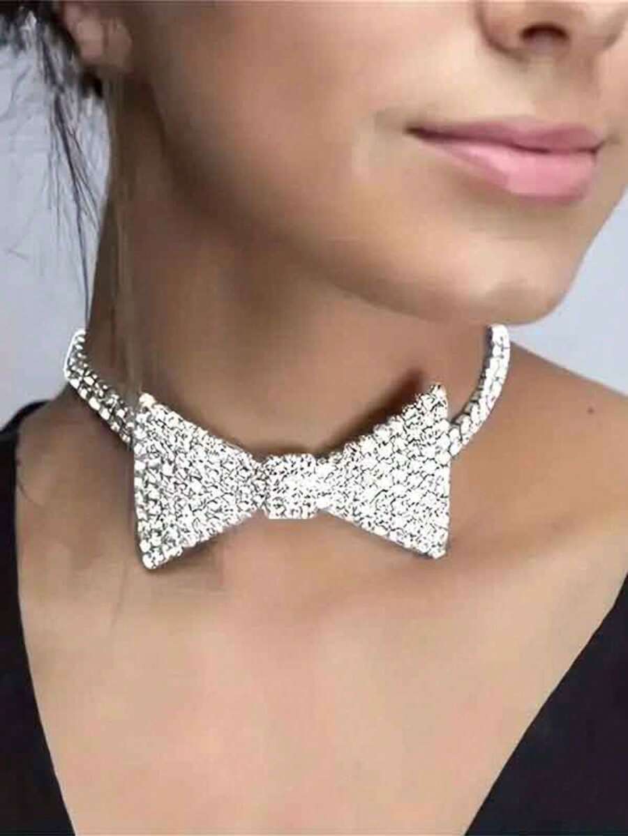 1件裝性感閃亮水鑽項圈項鍊 新娘婚禮宴會禮服女款珠寶飾品配件 - 銀色 - 查看 1