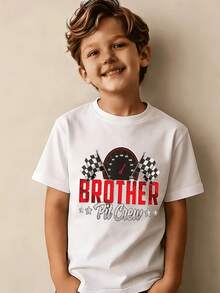 BROTHER Pit Crew Racing Theme T-Shirt For Boys - Designed With Red Pointers And A Speedometer, Decorated With A Black And White Checkered Flag, And A Perfect Combination - 白色 - 查看 1