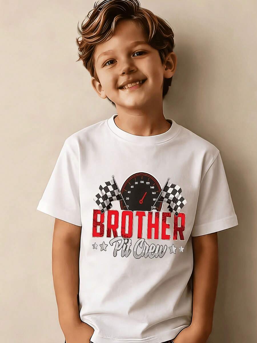 BROTHER Pit Crew Racing Theme T-Shirt For Boys - Designed With Red Pointers And A Speedometer, Decorated With A Black And White Checkered Flag, And A Perfect Combination - 白色 - 查看 1